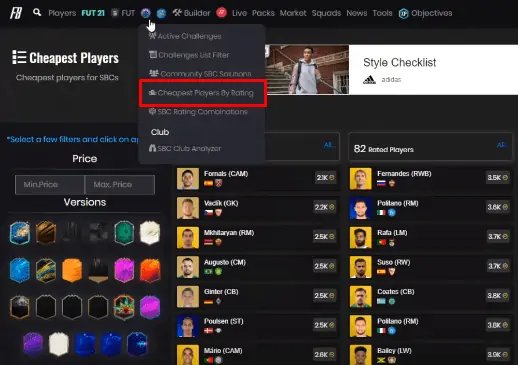 Futbin SPC Dropdown FIFA Cheapest Players by Rating